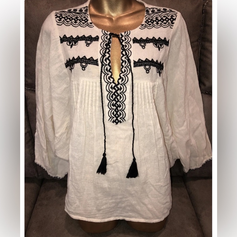 World Market Beige with Black Embroidery Peasant Blouse Size S/M